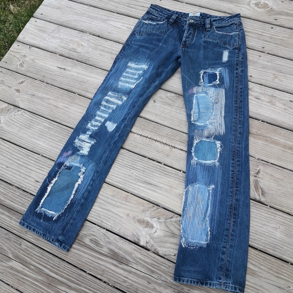 Vintage 90s Jeans Womens Straight Leg Patch Frayed Edge Distressed - Picture 8 of 15